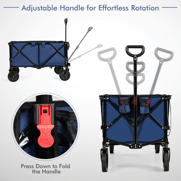 COSTWAY Folding Camping Wagon, Collapsible Beach Garden Trolley with Cup Holders and Adjustable Handle, Canvas Transport Utility Cart for Shopping Gardening Sporting Events (Navy Blue)