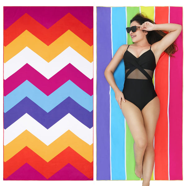 Winthome Beach Towel, Extra Large Microfibre Beach Towel for Adult, Double Sides Sand Free Quick Dry lightweight Travel Swimming Towel(Pink + Green, 90×180cm - 2 pack)