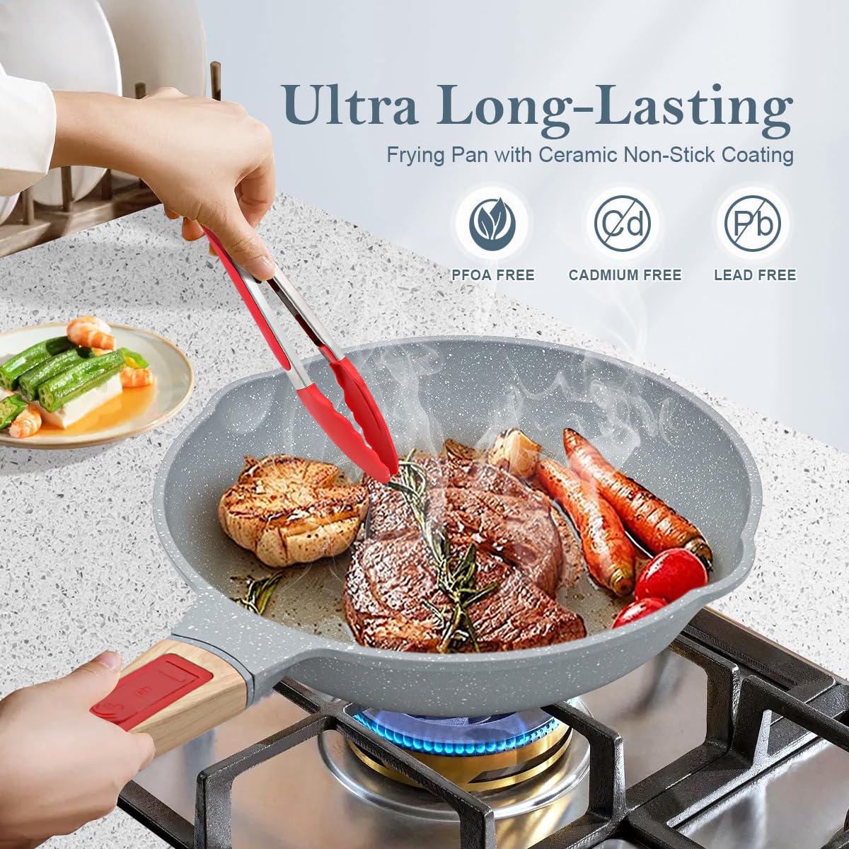 AIKENBBKK Nonstick Ceramic Deep Frying Pan, 28cm Healthy Frying Pan Skillet with Removable Handle, Oven& Dishwasher Safe, PFAS PFOA & PTFE Free(Blue)