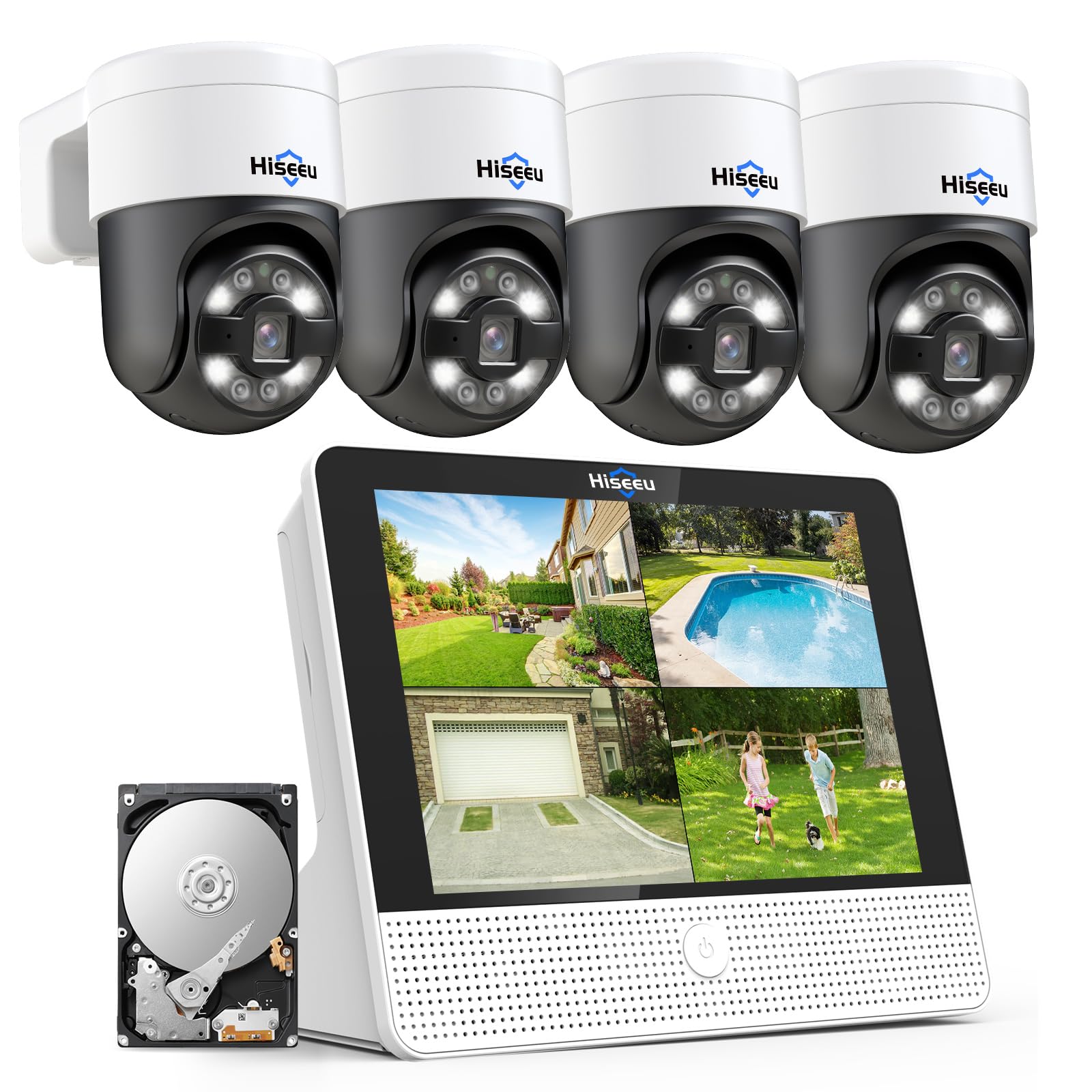 Hiseeu【5MP+PTZ】5MP 8CH NVR POE CCTV Security Camera System with 30M Color Night Vision, 10" Monitor with 1TB HDD, 4X5MP Outdoor POE IP Cameras, Motion Detection,APP Alarm,24/7 Recording,Remote Access