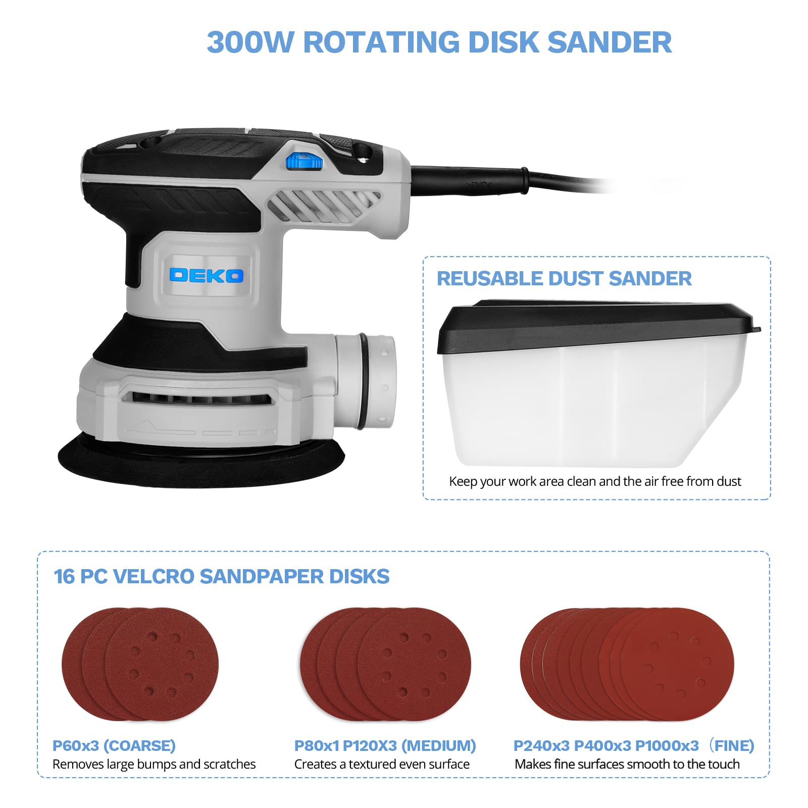DEKOPRO Random Orbit Sander 300W with 16Pcs Sandpapers, 6 Variable Speed 14000RPM, 125MM Hand Electric Tool, High Performance Dust Collection System, Fit for Woodworking/Sanding
