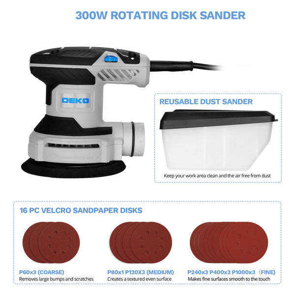 DEKOPRO Random Orbit Sander 300W with 16Pcs Sandpapers, 6 Variable Speed 14000RPM, 125MM Hand Electric Tool, High Performance Dust Collection System, Fit for Woodworking/Sanding