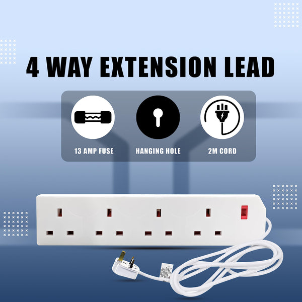 K-MART Heavy Duty Extension Lead UK Pin Plug and Cable, 4 Gang Way 2m Power Adapter, Multi Socket Mains Strip (White, 1 Pack)