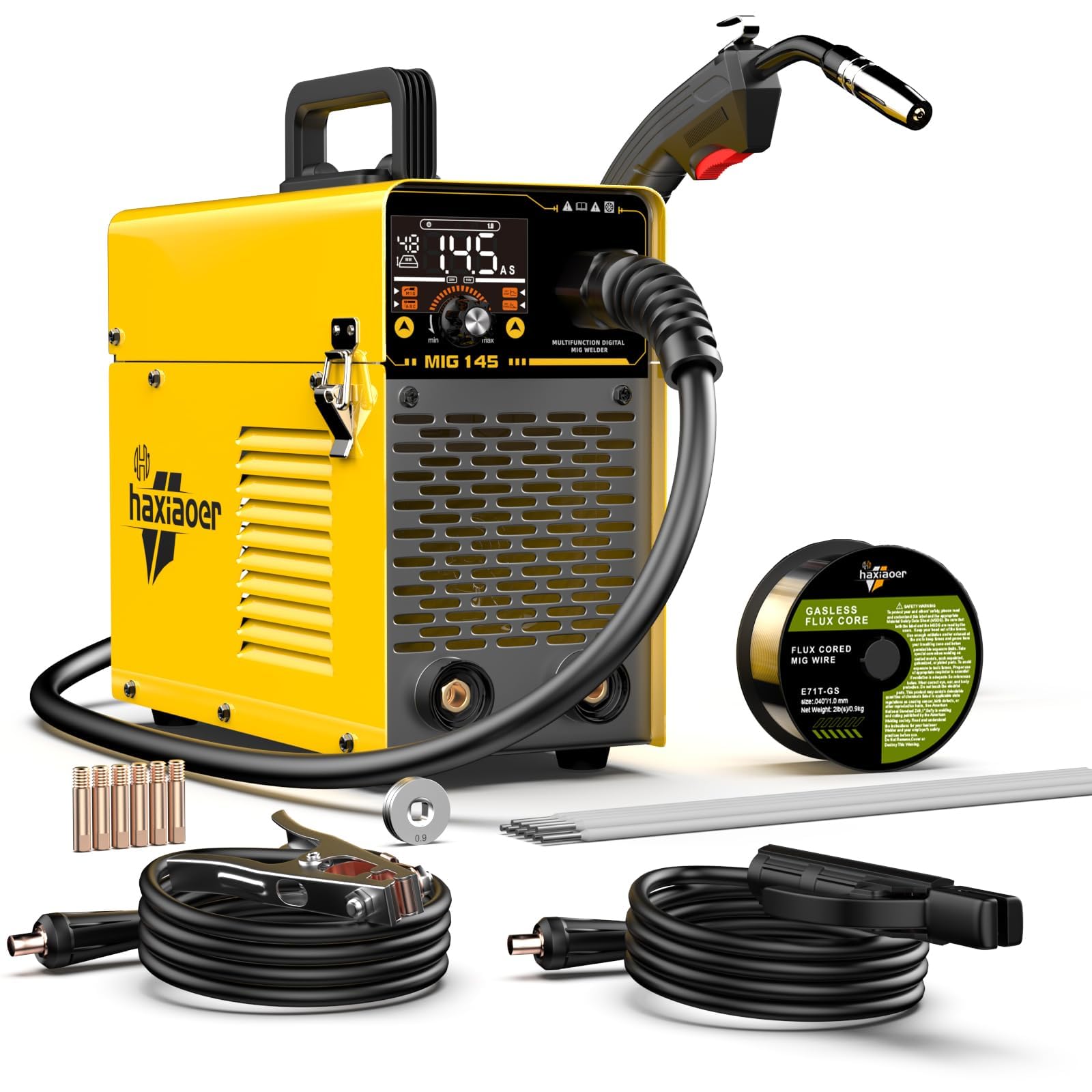 haxiaoer 145A Gasless MIG Welders, 3 in 1 Portable Flux MIG/ARC/Lift TIG MIG Welding Machine with Smart Digital LED Dispaly, Semi-Automatically Synergy Inverter MIG Welder, Best for Beginner
