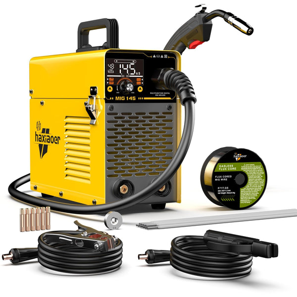 haxiaoer 145A Gasless MIG Welders, 3 in 1 Portable Flux MIG/ARC/Lift TIG MIG Welding Machine with Smart Digital LED Dispaly, Semi-Automatically Synergy Inverter MIG Welder, Best for Beginner