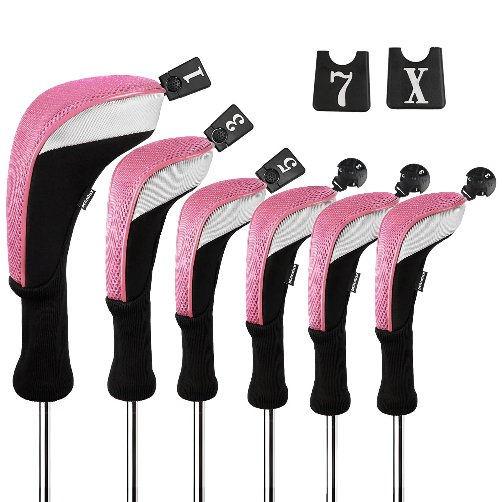 Andux 6pcs/Set Golf Club Head Covers Woods Driver Fairway Hybrid Set Long Neck (3 Hybrid + 3 Woods) Black/Pink