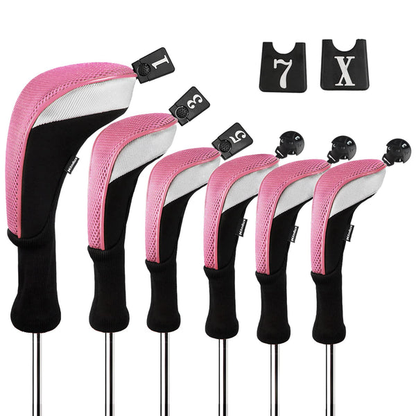 Andux 6pcs/Set Golf Club Head Covers Woods Driver Fairway Hybrid Set Long Neck (3 Hybrid + 3 Woods) Black/Pink