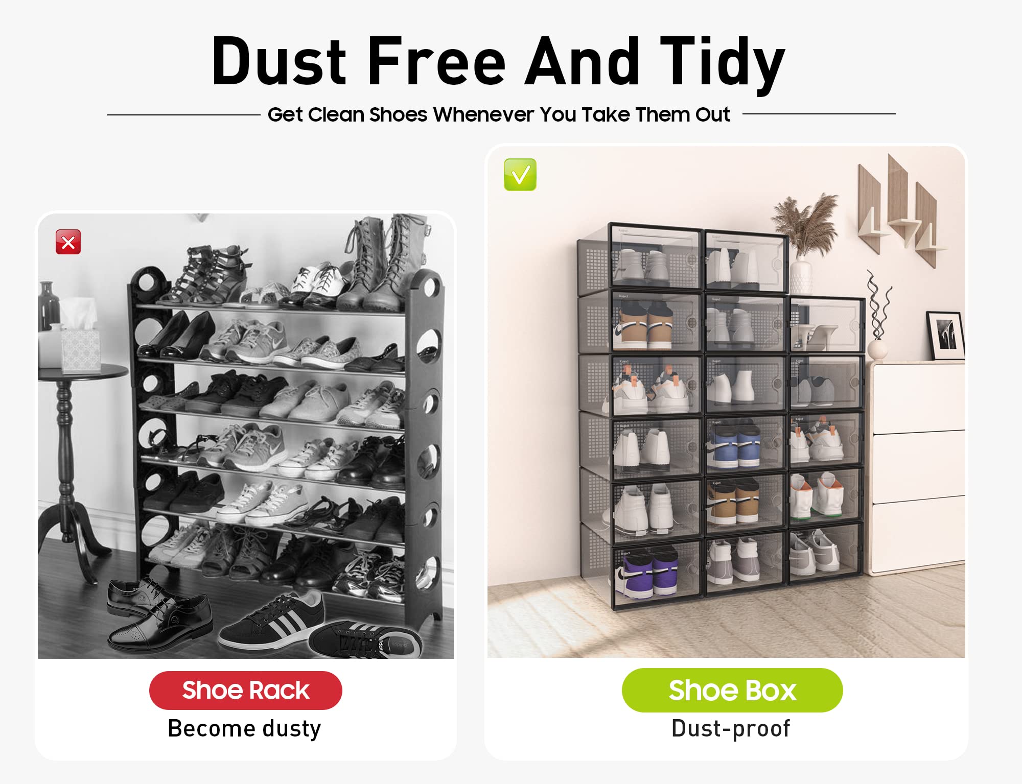 Kuject Large Shoe Boxes, Clear Stackable Shoes Storage Organiser, Fit Size 12, Plastic Sneakers Containers, Great Substitute for Shoe Rack, Space