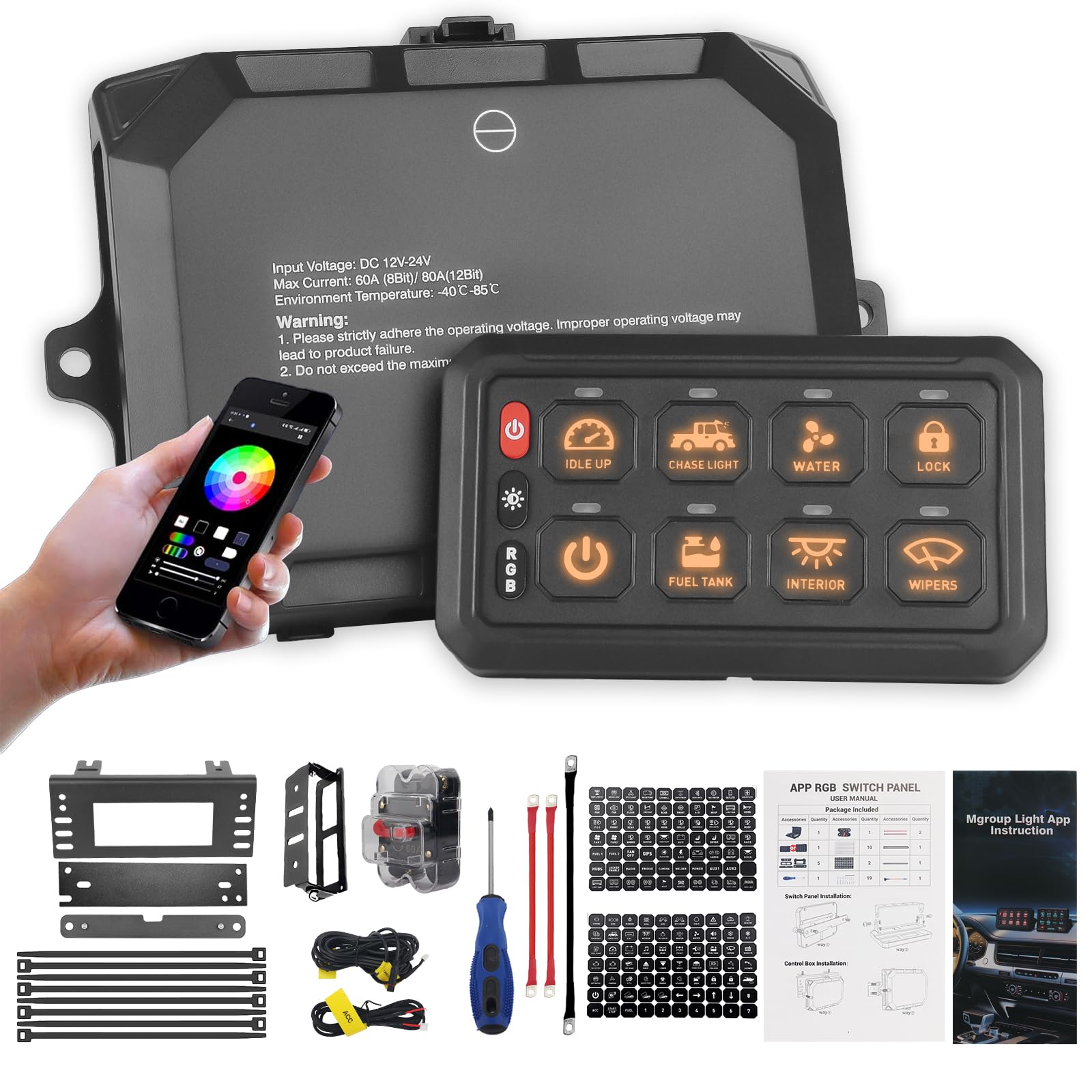 Chelhead RGB 6 Gang Switch Panel with APP Control, Universal Circuit Control Relay System, Multi-Function Bluetooth Remote Switch Panel, Compatible with Truck Boat SUV RV Trailer Marine ATV UTV