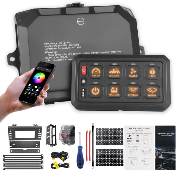 Chelhead RGB 6 Gang Switch Panel with APP Control, Universal Circuit Control Relay System, Multi-Function Bluetooth Remote Switch Panel, Compatible with Truck Boat SUV RV Trailer Marine ATV UTV