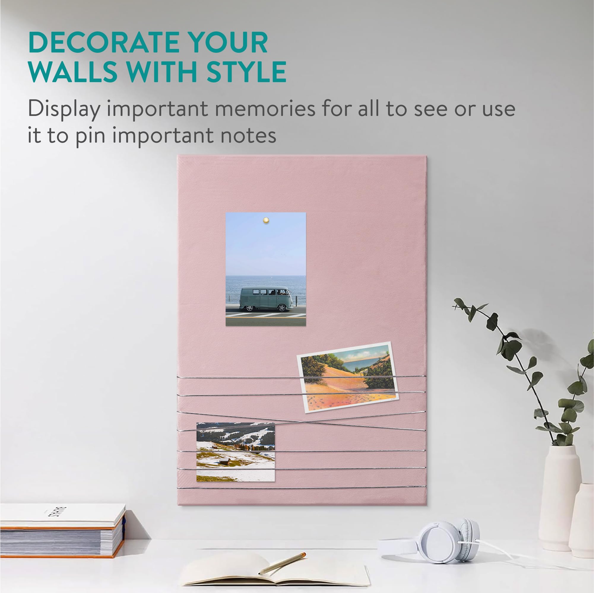 Navaris Photo Pin and Clip Board - Velvet Board for Hanging, Pinning, Displaying Photos, Pictures for Bedroom - Contemporary Pinboard - Pink, Large