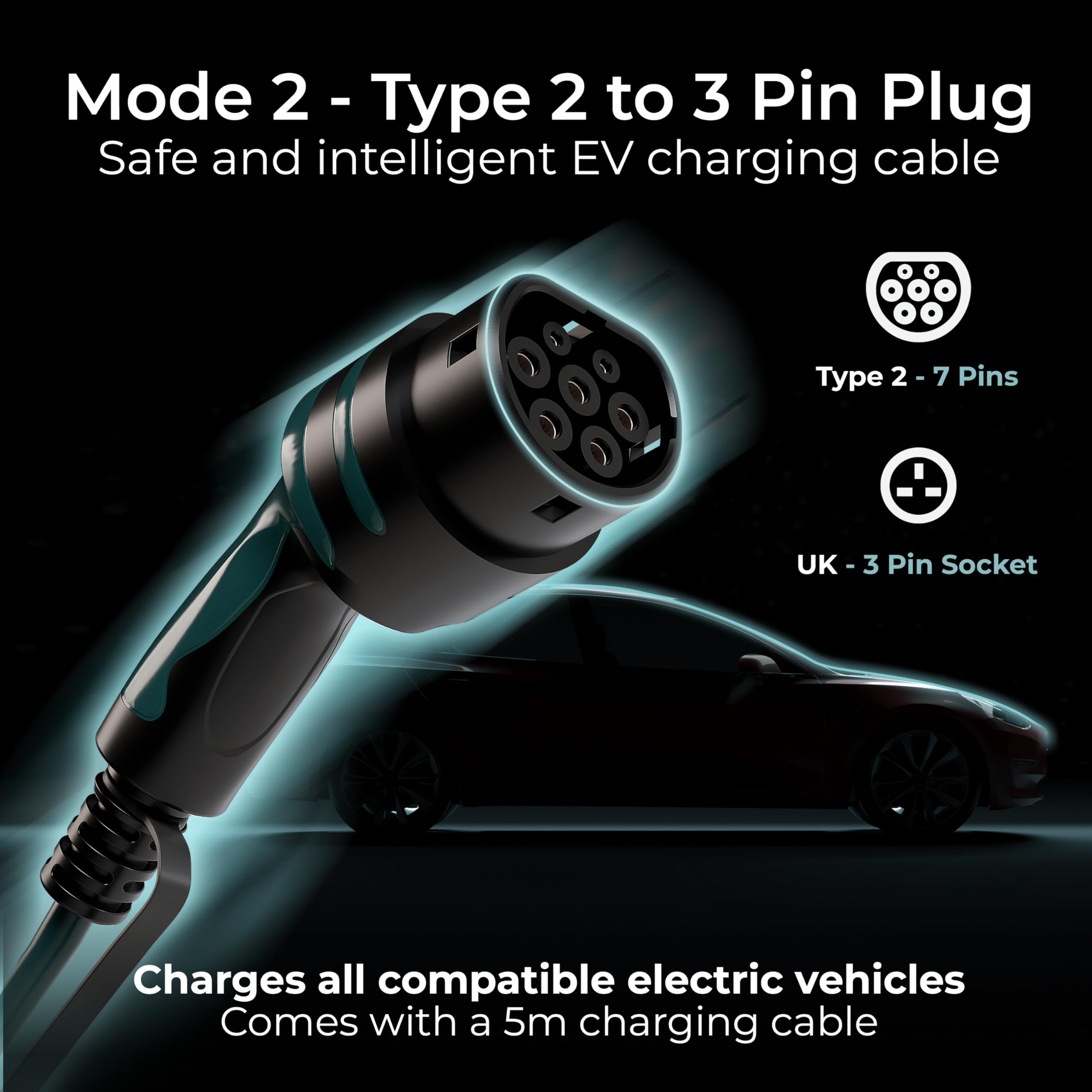 Masterplug EV Charging Cable for Electric and Hybrid Vehicles, 5 Metres, Mode 2, 3 Pin UK Plug to Type 2 Car Charger, 2.4kW, EVCM221005
