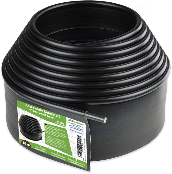 Elastic Lawn Edging with Round Top Bead (12 m Black) - Durable Stay-in-Place Design - Easy Installation, Weather Resistant - Ideal for Curves &
