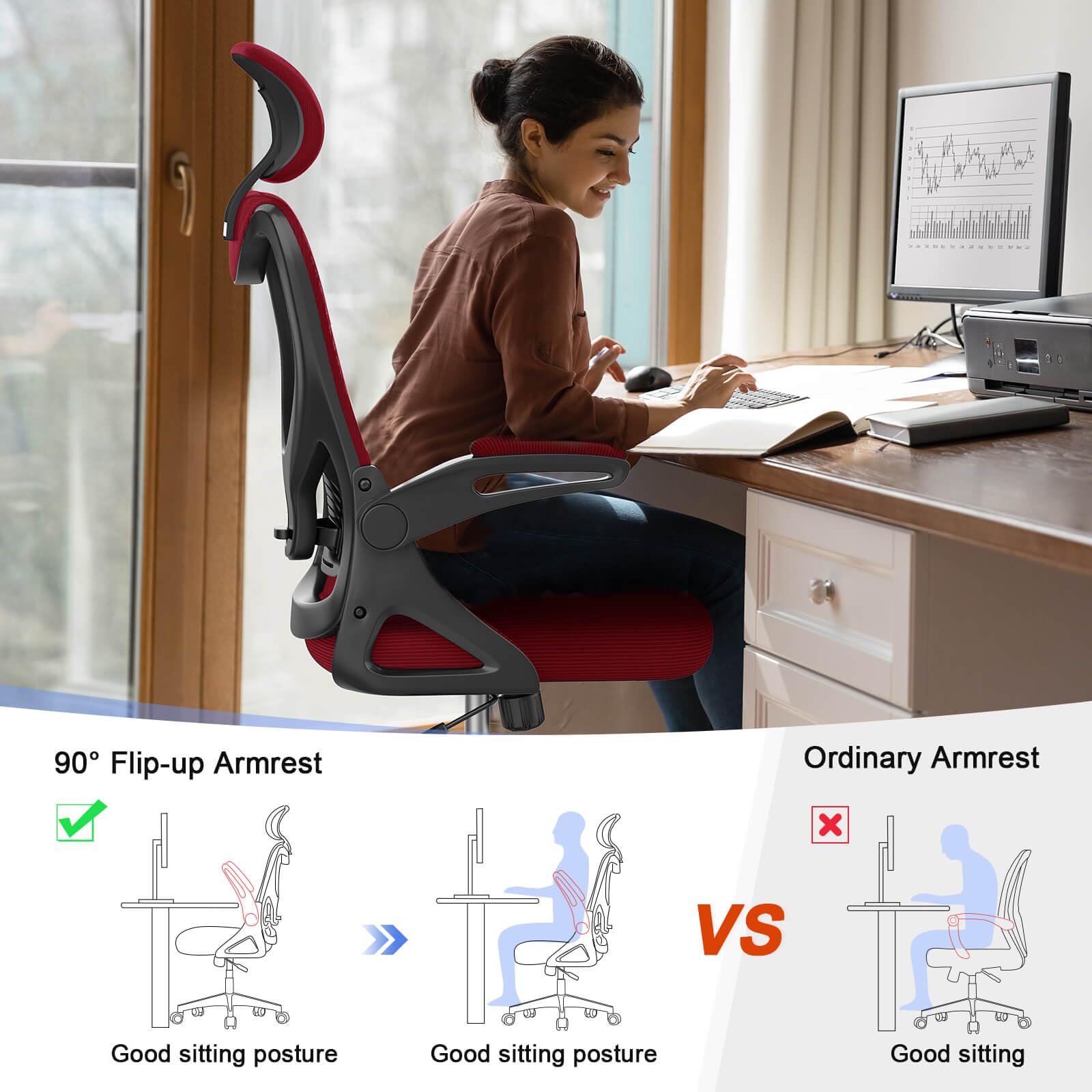 Office Chair - Ergonomic Desk Chair with Lumbar Support Headrest Adjustable, Padded Flip-up Armrests Comfy Seat Cushion High Back Executive Manager Chair For Home Office