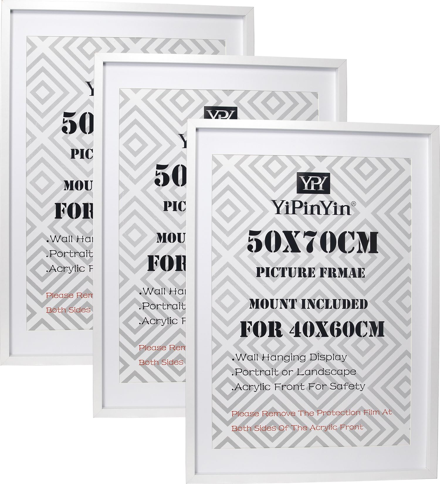 Black 50x70cm Boxed Picture Frames Set of 3 with Mounts for 40x60cm, 70x50cm poster frame with Acid Free mount for 40x60cm photo (Black 3Pack)