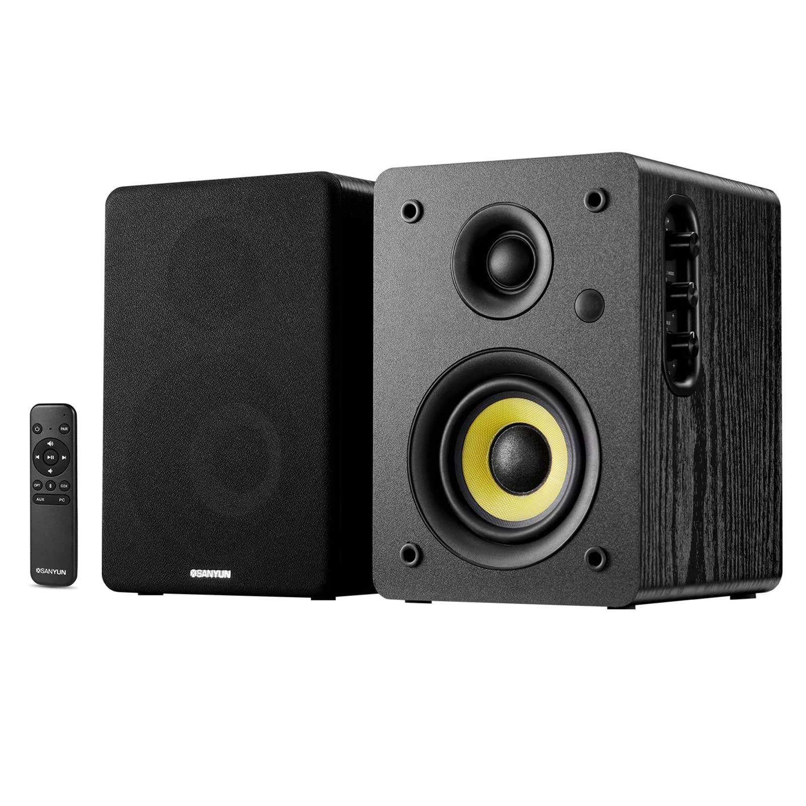 Sanyun SW208 3" Active Bluetooth 5.0 Bookshelf Speakers - 60W Carbon Fiber Speaker Unit - Built-in 24bit DAC - Dynamic 3D Surround Sound - 2.0 Computer PC Monitor Gaming Speakers (Pair, Black)