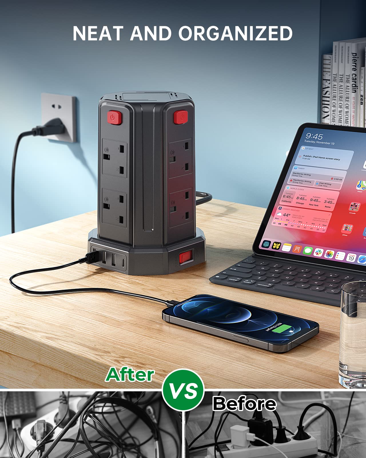 Tower Extension Lead, (3250W 13A) Extension Tower 8 AC Outlets & 4 USB Ports, Surge Protection Extension Lead with 4 Independent Switch, 17W USB C Ports Extension Cable 3M for Office, Home, Kitchen