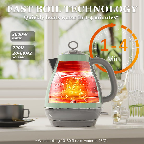 Anfilank Electric Kettle, Stainless Steel 1.7L, Rapid Boil 3000W, BPA Free, Auto Shut-Off and Boil-Dry Protection, Green
