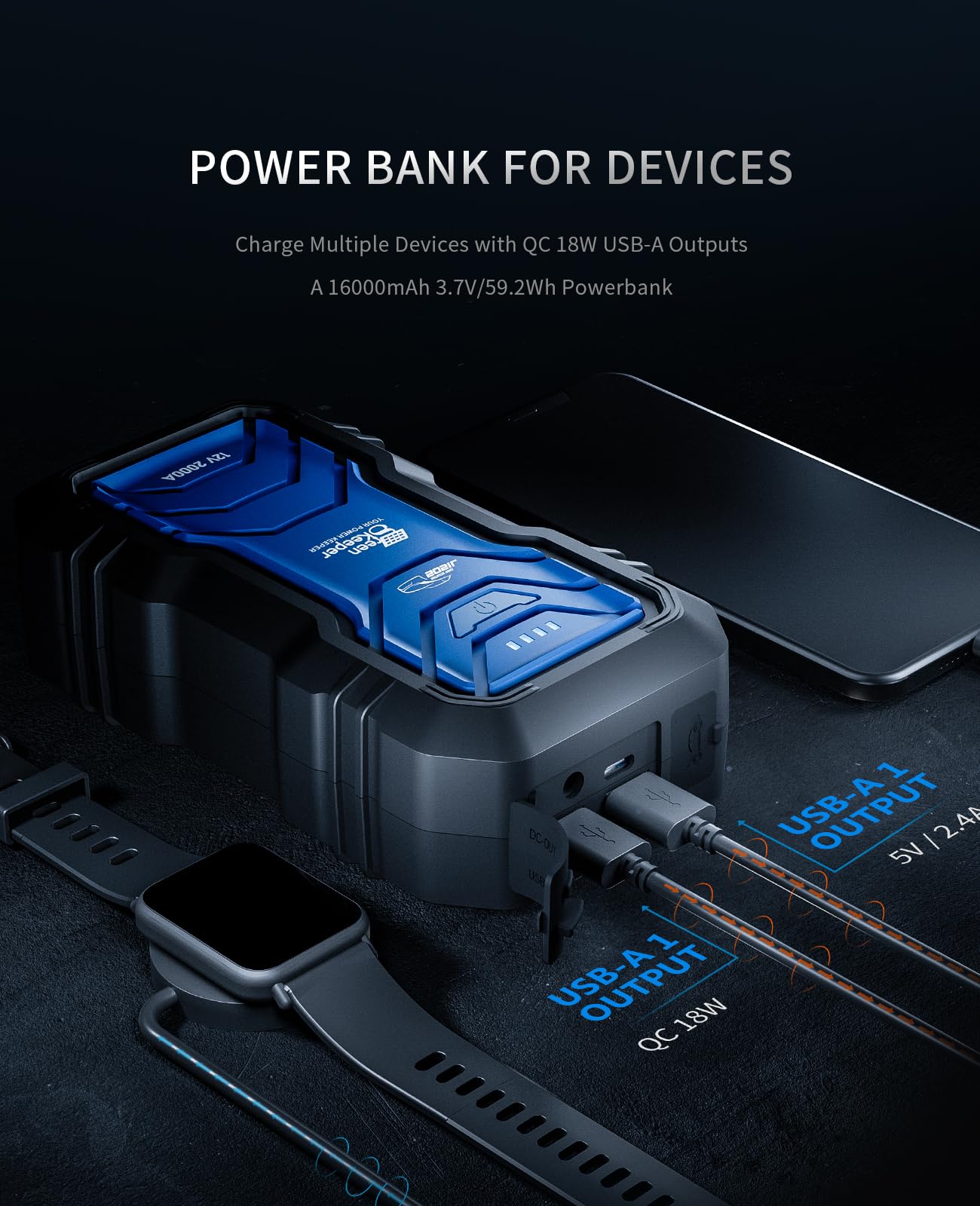 Jump Starter Power Pack Car Battery Starter 2000A 12V for 7.0L Gas & 6.5L Diesel with 12V/6A Output Extension Port, Portable Car Battery Booster 16000mAh Power Bank, High-Efficiency for All Weather