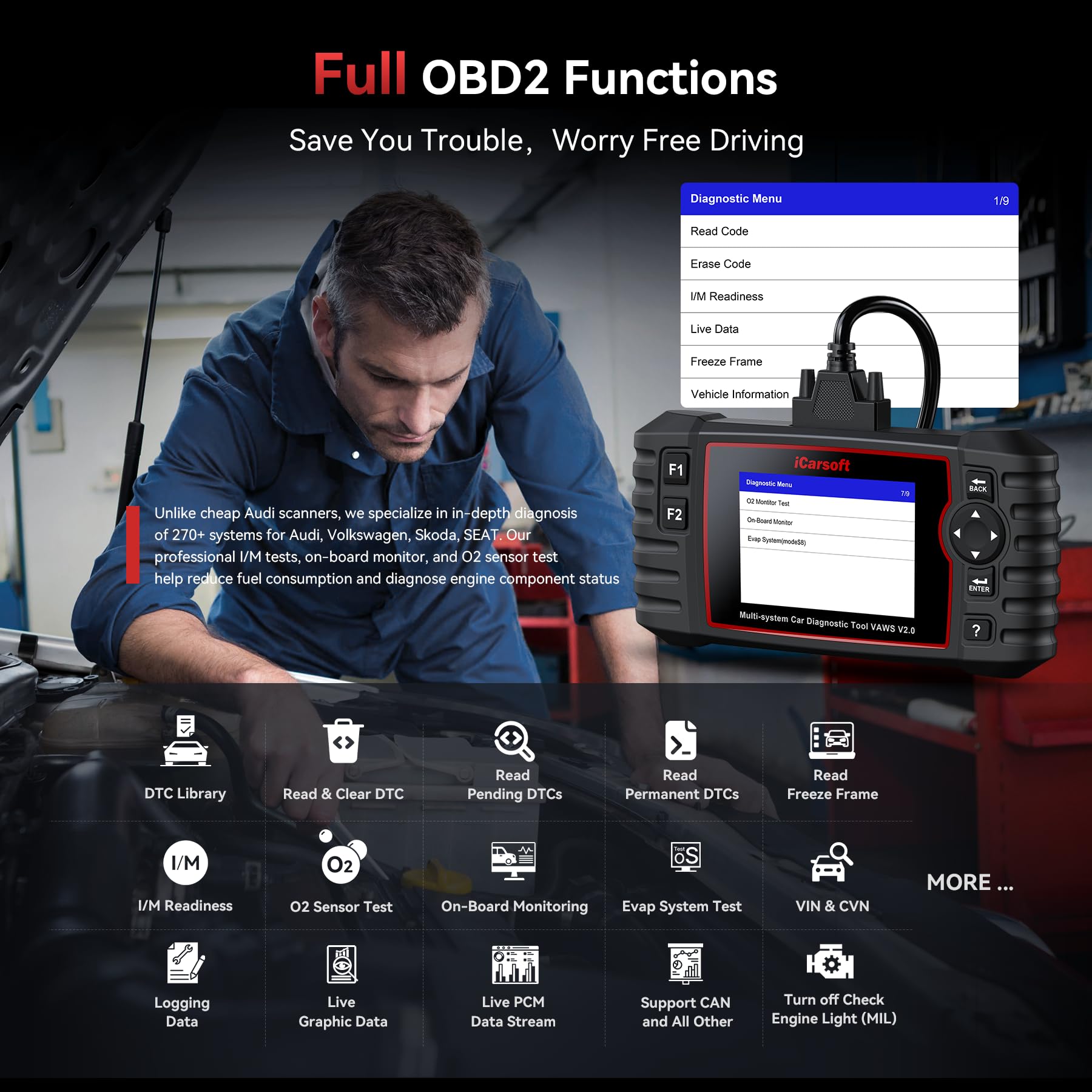iCarsoft VAWS V3.0 OBD2 Scanner for VW/AUDI/Skoda/SEAT, Full System Diagnostic Tool with 42 Service Function, Oil/EPB/SAS/BMS/ETC/DPF/INJ/SPS, Bi-Directional Car Code Reader, Auto VIN, Lifetime Update