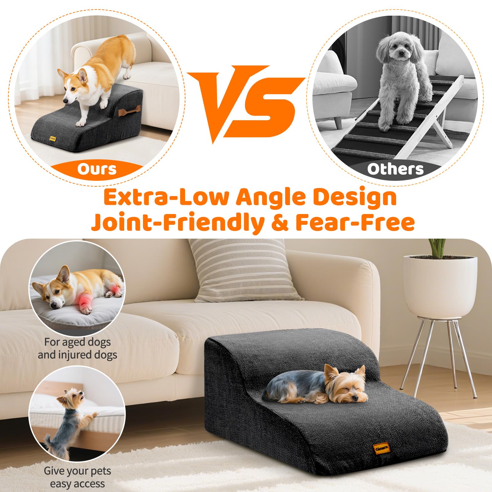 Gimars 30D High-Density Foam & Extra-Wide, Stable 3-Step Dog Stairs, 40cm High Pet Stairs with Washable Cover & Non-Slip Base, Portable Ramp for Small Dogs to Sofa, Bed, Couch, Car