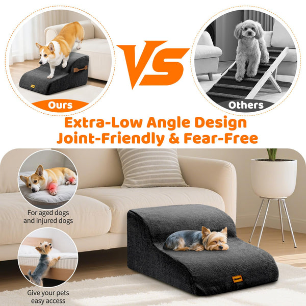 Gimars 30D High-Density Foam & Extra-Wide, Stable 3-Step Dog Stairs, 40cm High Pet Stairs with Washable Cover & Non-Slip Base, Portable Ramp for Small Dogs to Sofa, Bed, Couch, Car