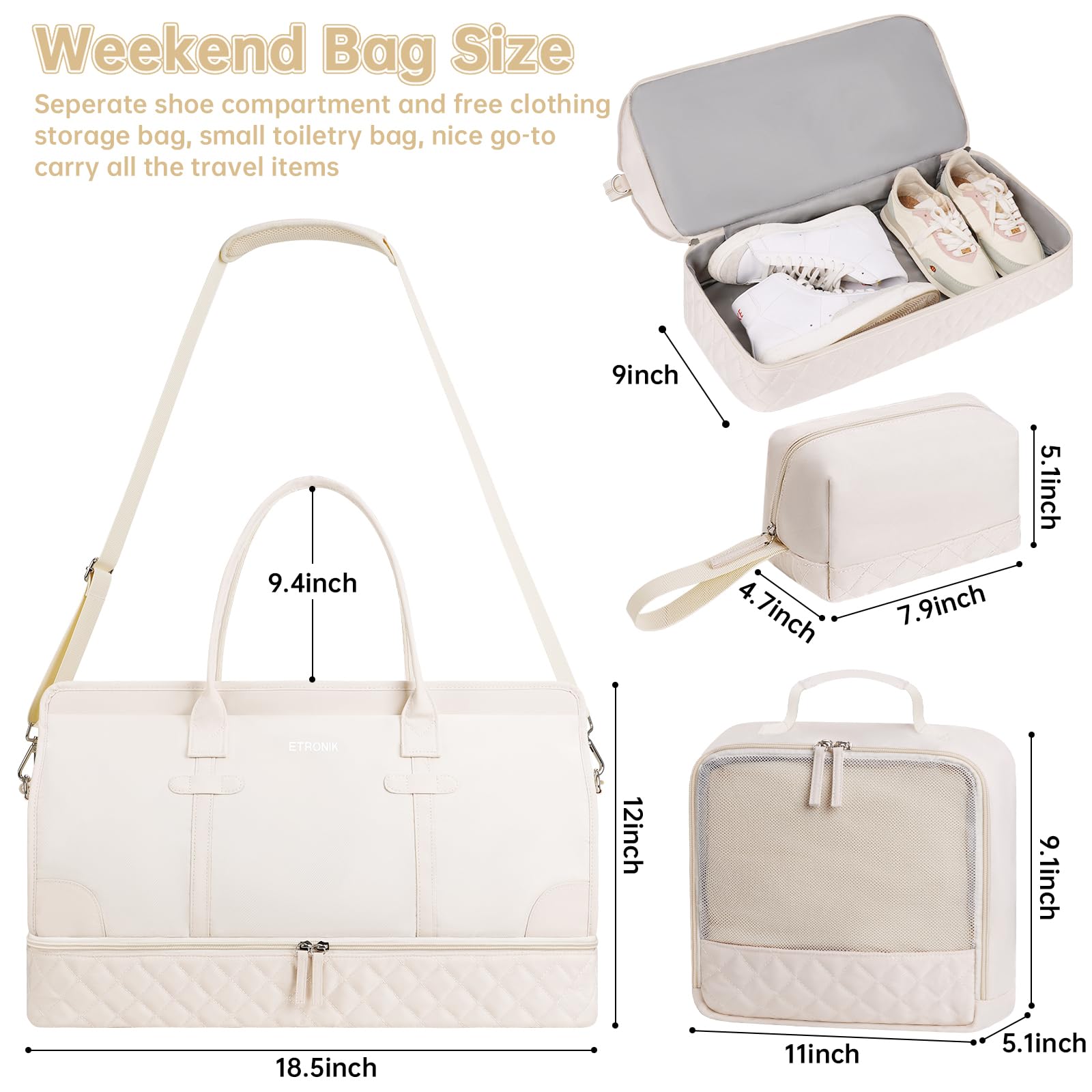 ETRONIK Weekend Overnight Bag for Women, Large Travel Duffle Bag with Shoe Compartment & Wet Pocket, Carry On Tote Bags Gym Duffel Bag with Toiletry Bags for Hospital 3 Pcs Set, Black