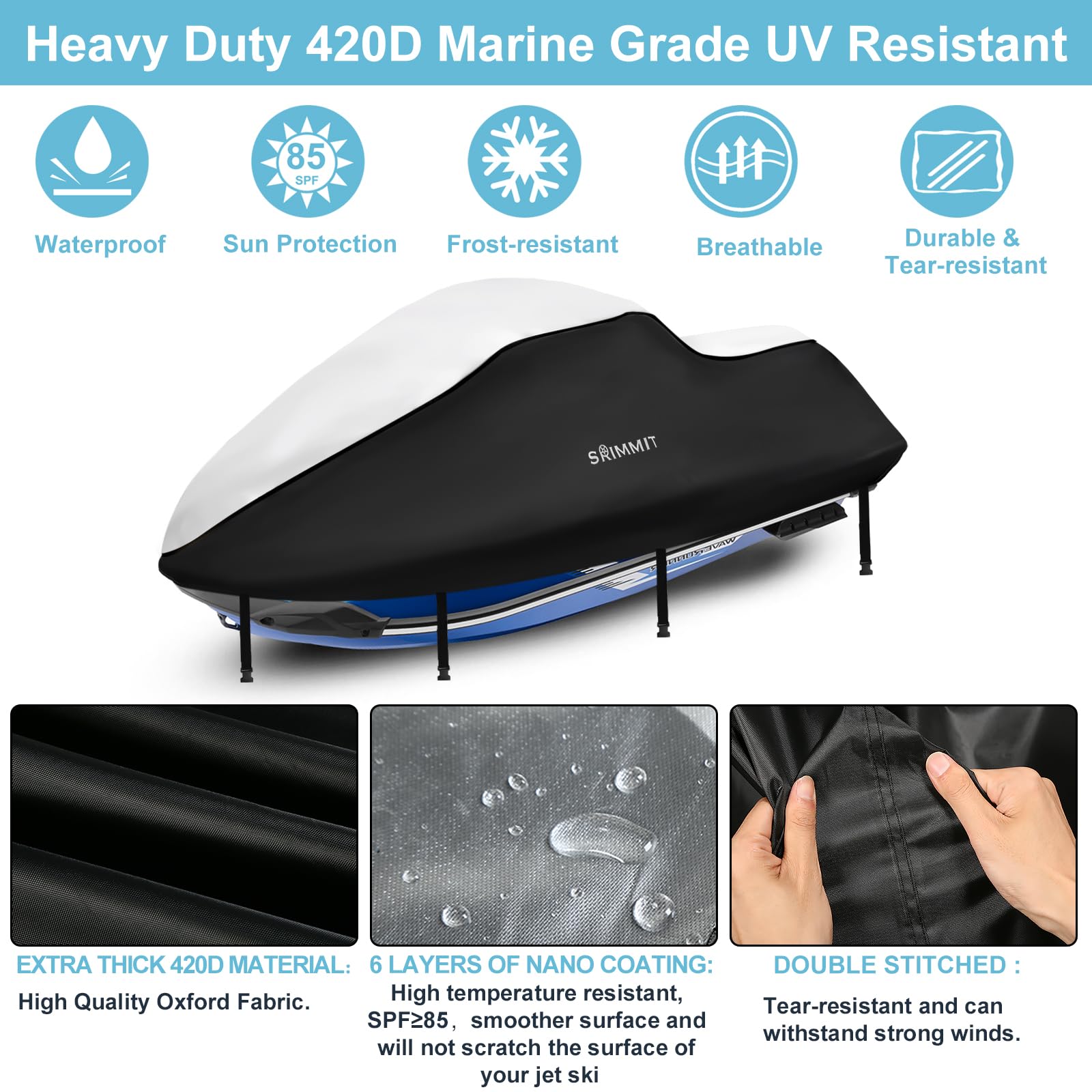 JetSki Waterproof Cover, Upgraded Heavy Duty 420D 3 Seater Jet Ski Cover with 2 Air Vent Marine Grade UV Resistant for Seadoo,Kawasaki,Waverunner