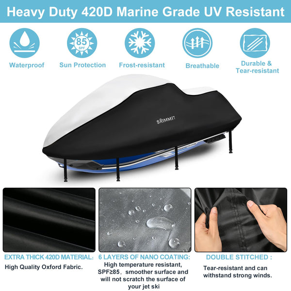 JetSki Waterproof Cover, Upgraded Heavy Duty 420D 3 Seater Jet Ski Cover with 2 Air Vent Marine Grade UV Resistant for Seadoo,Kawasaki,Waverunner