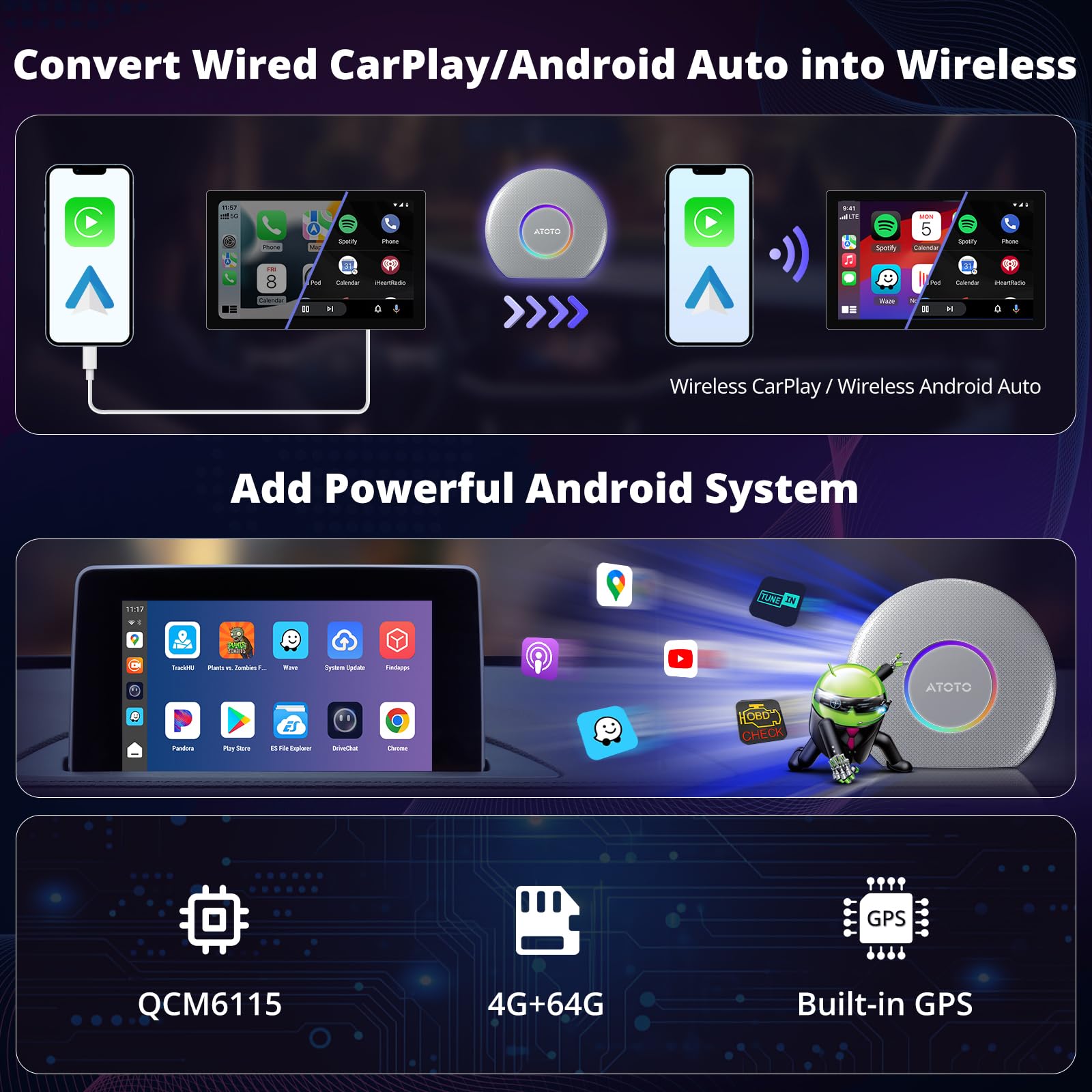 CB6 CarPlay AI Box Android 13 CarPlay Wireless/Android Auto Converts Wired to Wireless with 4G LTE, 5G Wi-Fi, 2 Bluetooth, AI Dongle, Support for YouTube, 4G+64G, Black