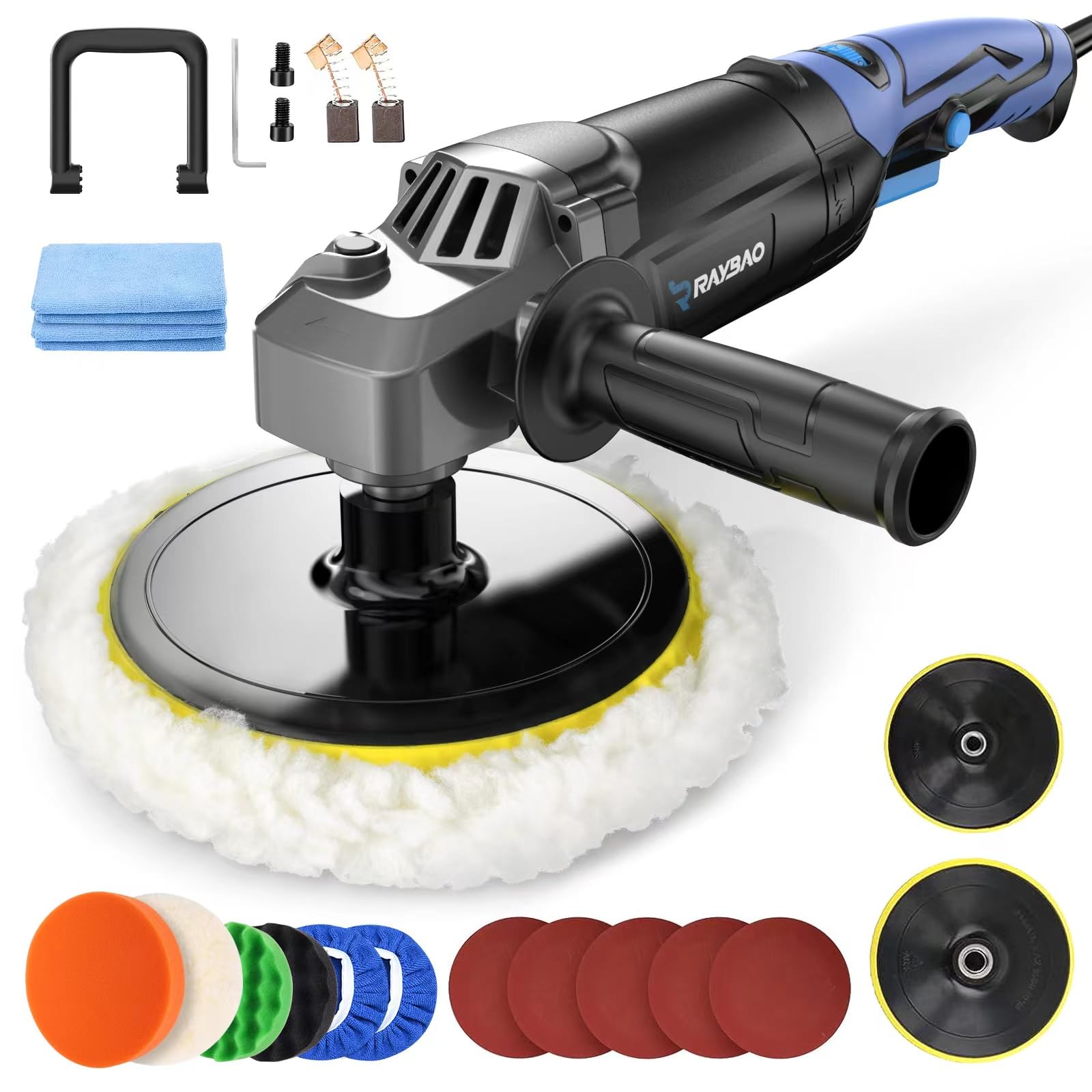 RAYBAO Car Polisher, 1200W Car Polishers and Buffers, Variable Speed 1600-3500RPM, Car Buffer Polisher Machine with Detachable Handle, 180mm/150mm Disc for Polishing/Waxing