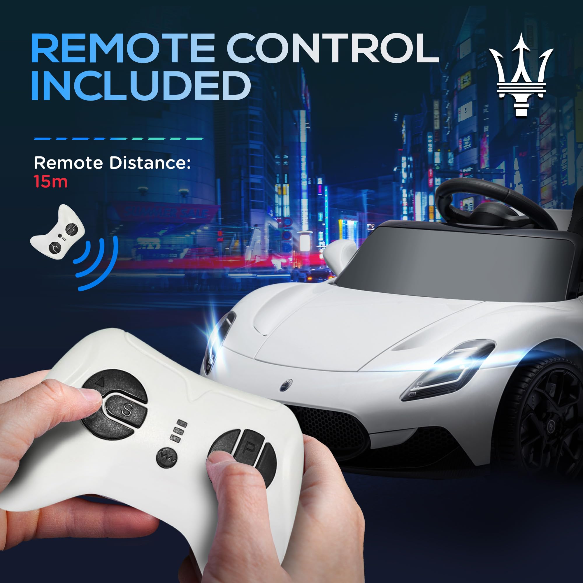 Maserati MC20 Licensed 12V Kids Electric Car with Slow Start, Remote Control, Music, LED Lights, Horn, Spring Suspension, for 3-6 Years, White