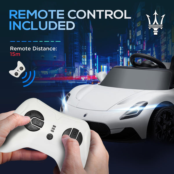 Maserati MC20 Licensed 12V Kids Electric Car with Slow Start, Remote Control, Music, LED Lights, Horn, Spring Suspension, for 3-6 Years, White
