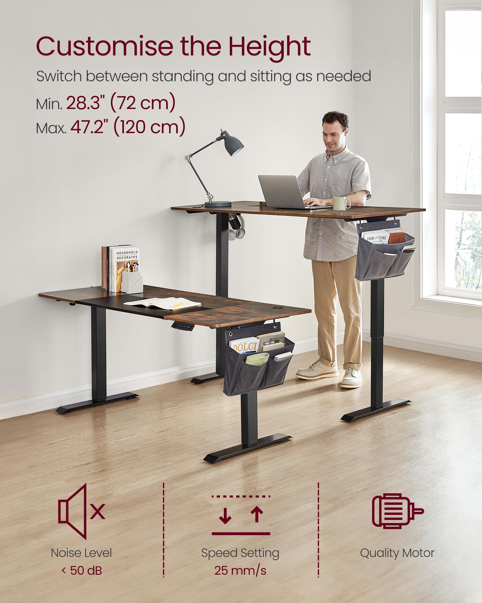 VASAGLE Electric Standing Desk, Height Adjustable Desk, 60 x 140 x (72-120) cm, 4 Memory Heights, Storage Pocket, for Home Office, Study, Rustic Brown and Ink Black LSD134K02