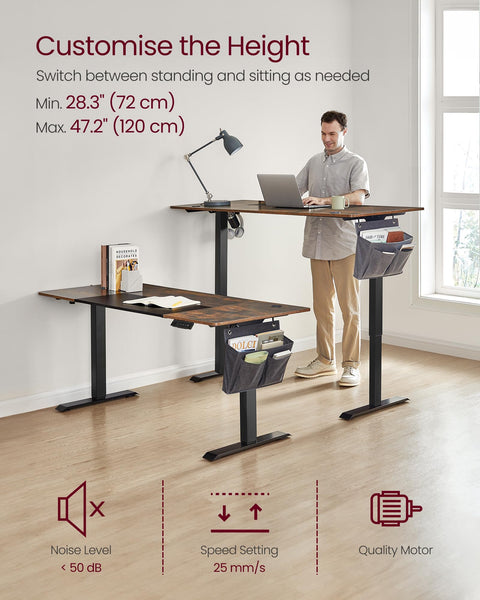 VASAGLE Electric Standing Desk, Height Adjustable Desk, 60 x 140 x (72-120) cm, 4 Memory Heights, Storage Pocket, for Home Office, Study, Rustic Brown and Ink Black LSD134K02