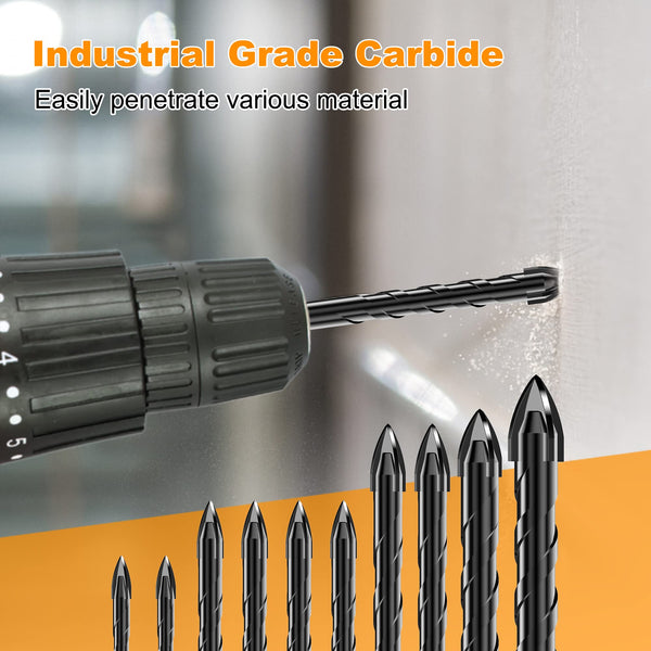 Masonry Drill Bit, Professional Masonry Drill Bit Set (10PCS) for Concrete/Glass/Brick/Cement/Tile/Wood/Etc, Industrial Strength Carbide Drill Bits Tip, 5/32"-1/2"