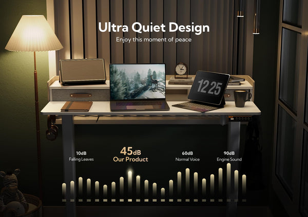 Claiks Electric Standing Desk with Drawers, 120x60cm Height Adjustable Desk with Storage Shelf and Splice Board, Stand Up Desk for Home Office, White Frame/Maple Top