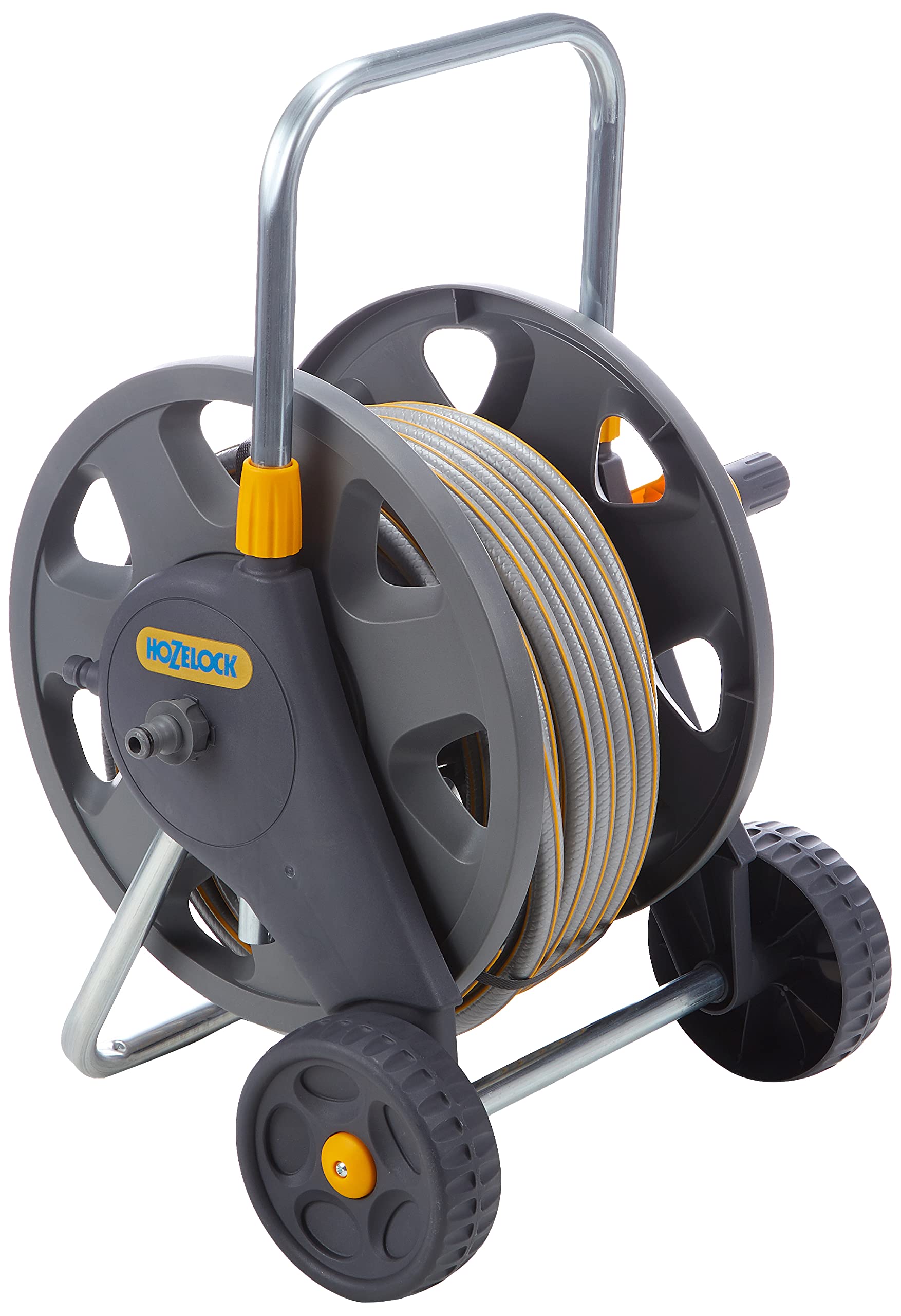 HOZELOCK - Cart Reel 20m : 1-piece Rewind Handle, Sturdy Frame for General Use, Supplied Assembled with 20m Hose, 1 Nozzle and Fittings [2432R0000]