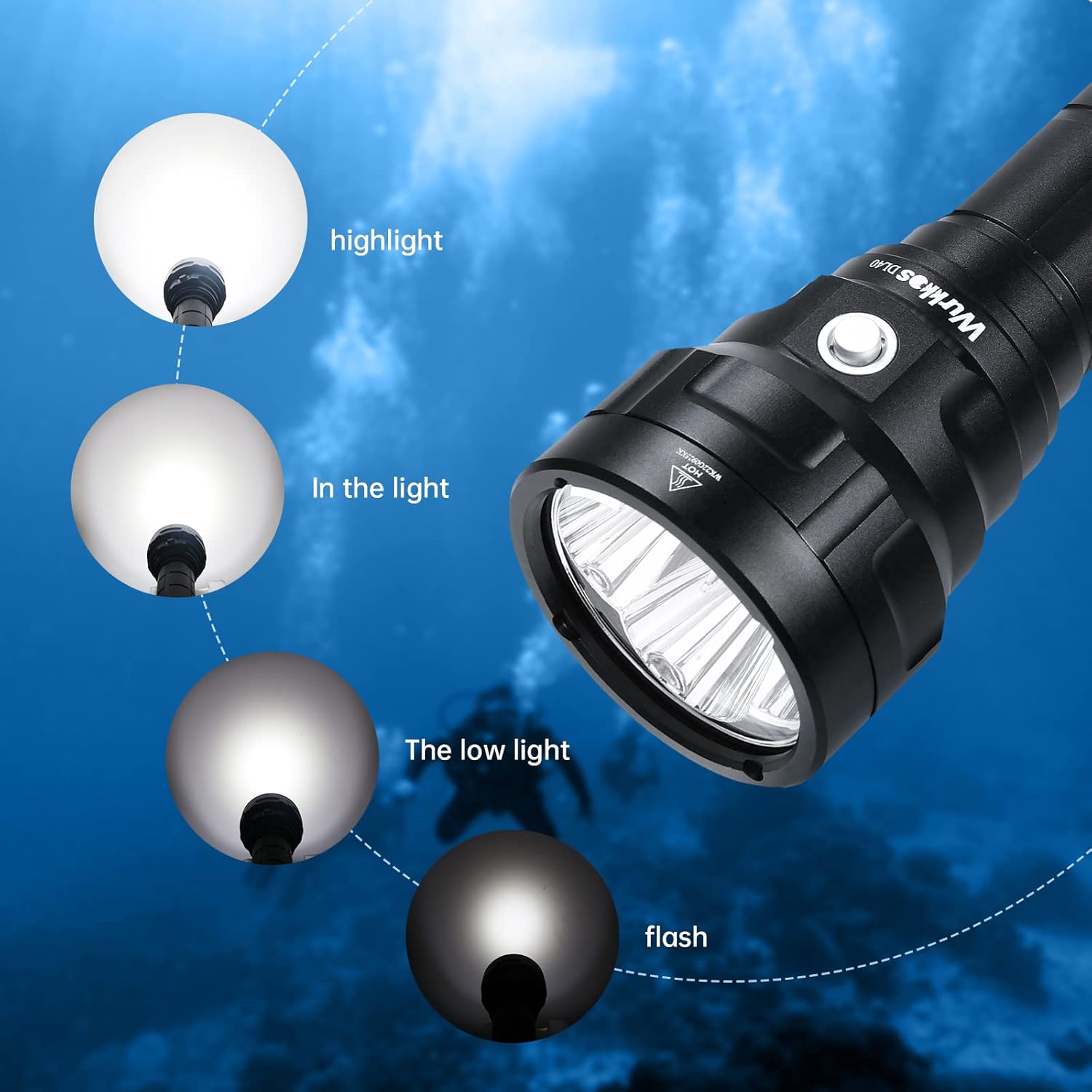 Wurkkos DL40 Dive Torch,Bright Max 5000 Lumen Diving Flashlight Scuba Diving Torch with 4 LH351D LED,Scuba Diving Equipment IPX8 Waterproof,High 90CRI Rechargeables Diving Torch