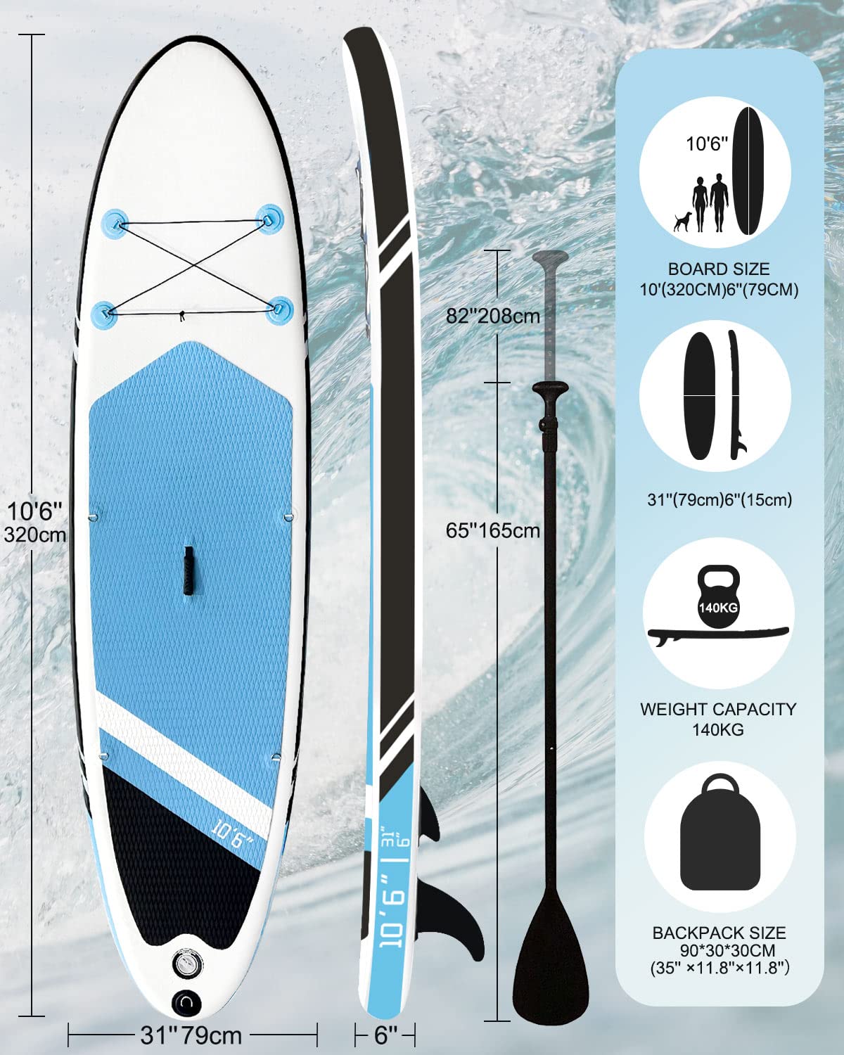 Inflatable Stand Up Paddle Board 10'6"×31"×6"", Max 140KG Load SUP Paddle Board with Accessories Waterproof Cell Phone Bag, Excellent Paddleboards for Adults/Youth/Beginners/Advanced/Water yoga
