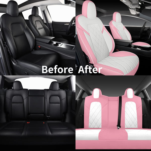 Tapha Faux Leather Seat Cover Set for Tesla Model 3 2017-2022, Breathable and Water-Resistant, Include Seat Covers for Front and Rear Seats (White/Grey)