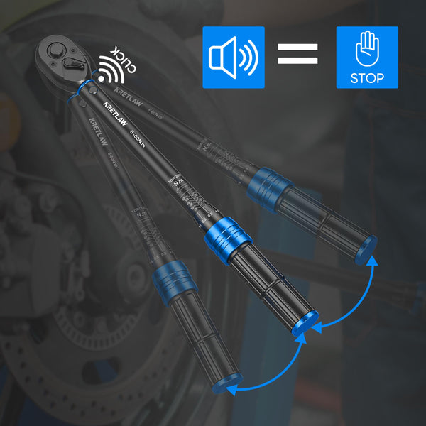KRETLAW 3/8" Torque Wrench Set 30PCs, 5-60 Nm Drive Click Torque Wrench (72 Teeth ±3% Accuracy) with Extensions, Sockets, Adapter for Bike and Motorcycle Car Truck Maintenance