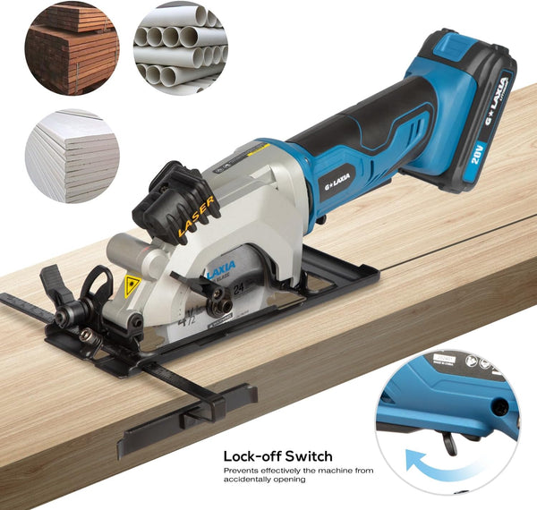 G LAXIA 20V Cordless Circular Saw, Mini Circular Saw 3400RPM, Compact Electric Lightweight Saw with Speed Trigger， Maximum Cutting Depth of 28MM (45°),42.8MM (90°) –2000mAh Battery and Charger