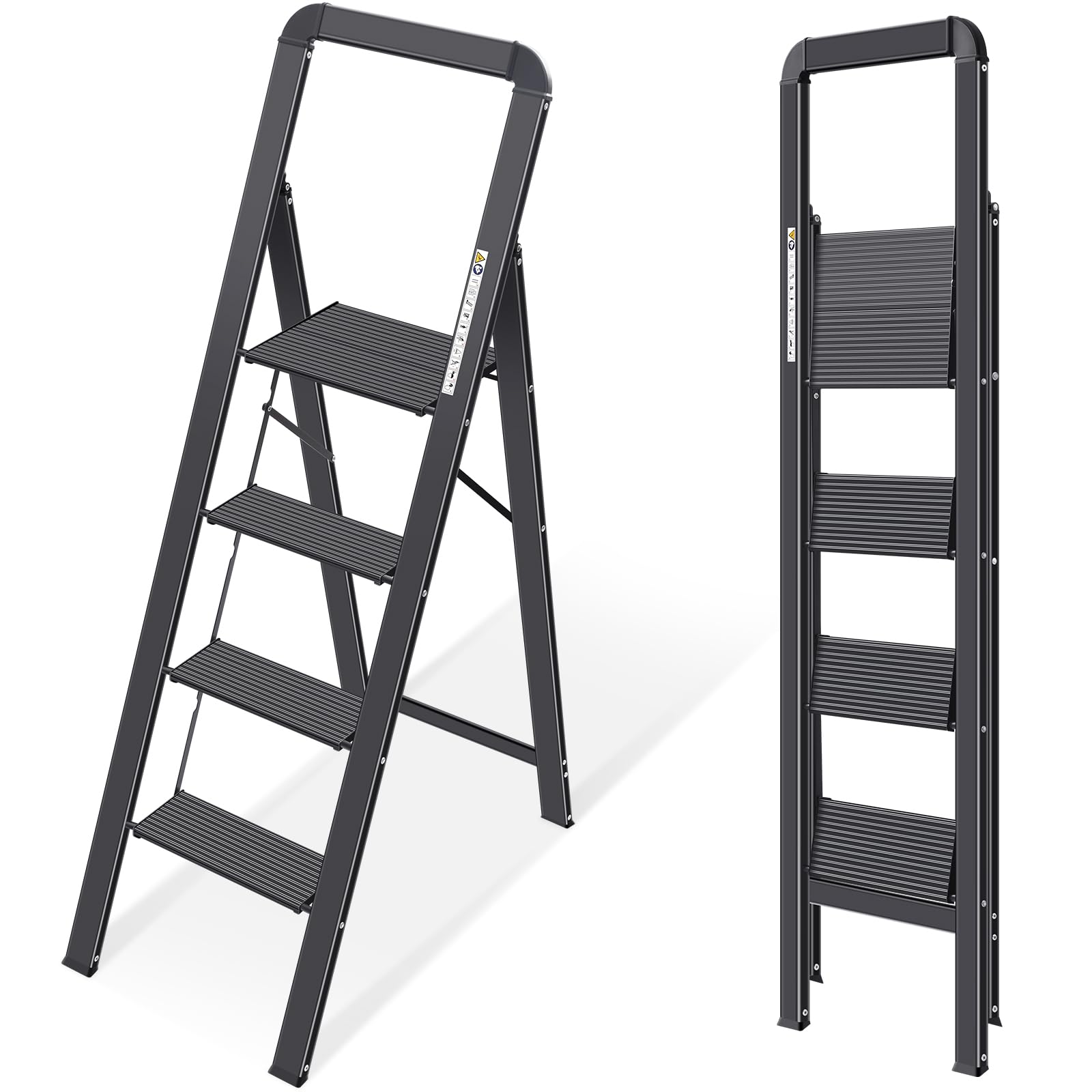 KINGRACK 2 Step Ladder with Handrail, Non-Slip Household Ladder with Folding Safety, Aluminium Folding Step Stool, Maximum Load 150 kg, Black