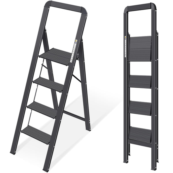KINGRACK 2 Step Ladder with Handrail, Non-Slip Household Ladder with Folding Safety, Aluminium Folding Step Stool, Maximum Load 150 kg, Black