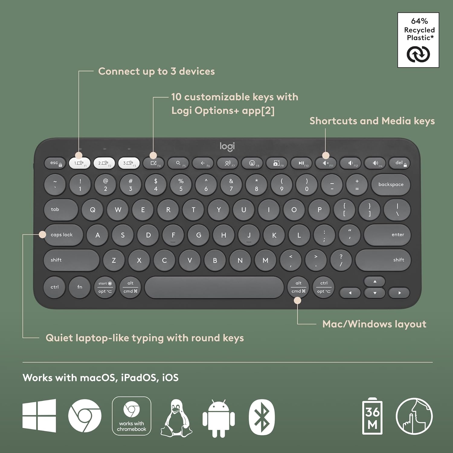 Logitech Pebble Keys 2 K380s, Multi-Device Bluetooth Wireless Keyboard with Customisable Shortcuts,Slim and Portable,Easy-Switch for Windows/macOS/iPadOS/Android/Chrome OS, QWERTY UK Layout, Graphite