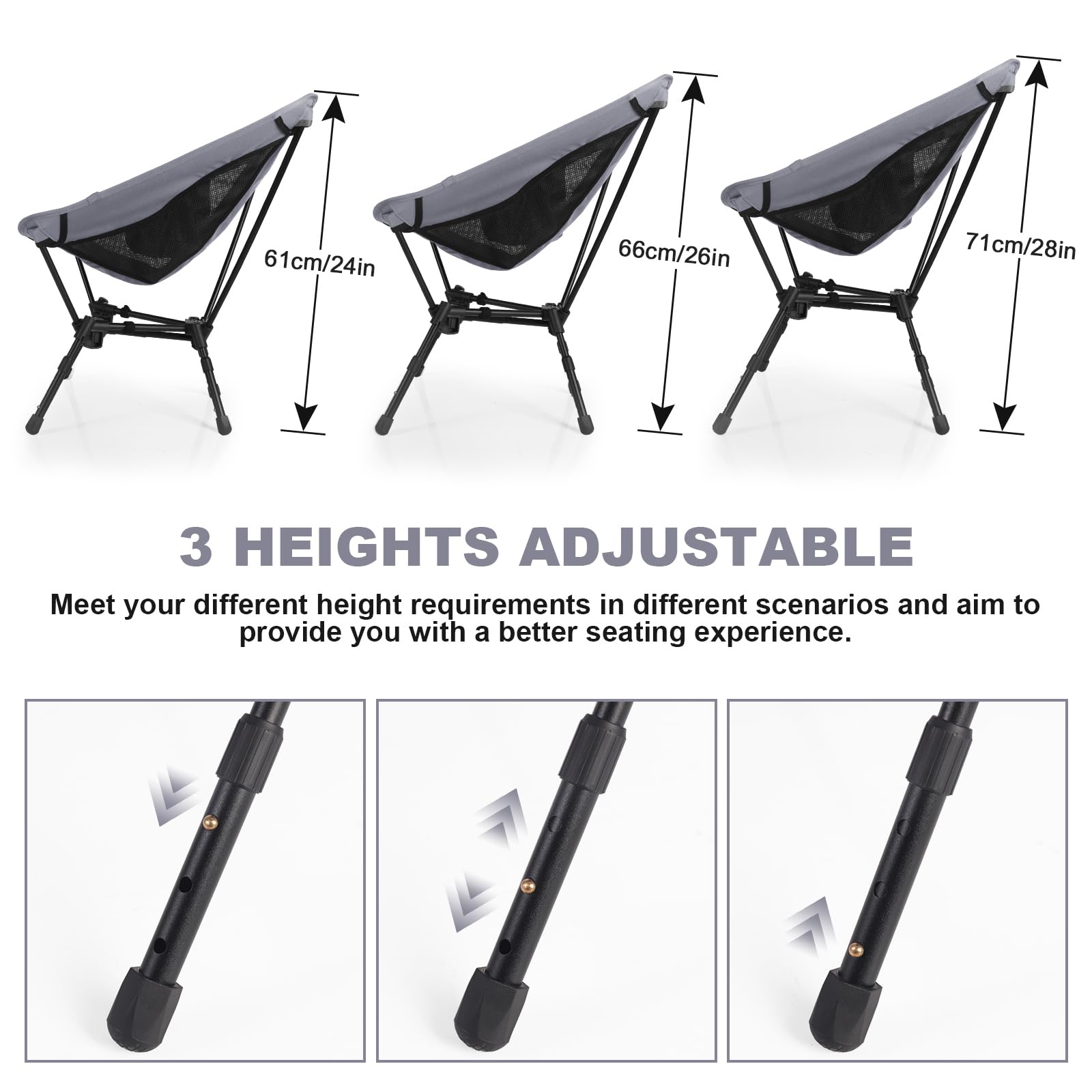 Portable Folding Camping Chair: Lightweight Height Adjustable Camping Chairs Stable Supports 330 Lbs with Side Pockets for Outdoor Camp, Travel, Beach, Lawn (Black)