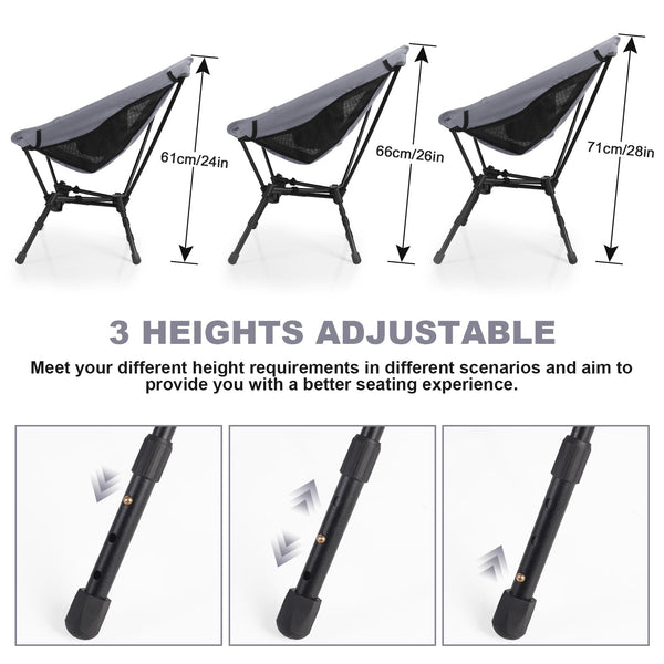 Portable Folding Camping Chair: Lightweight Height Adjustable Camping Chairs Stable Supports 330 Lbs with Side Pockets for Outdoor Camp, Travel, Beach, Lawn (Black)