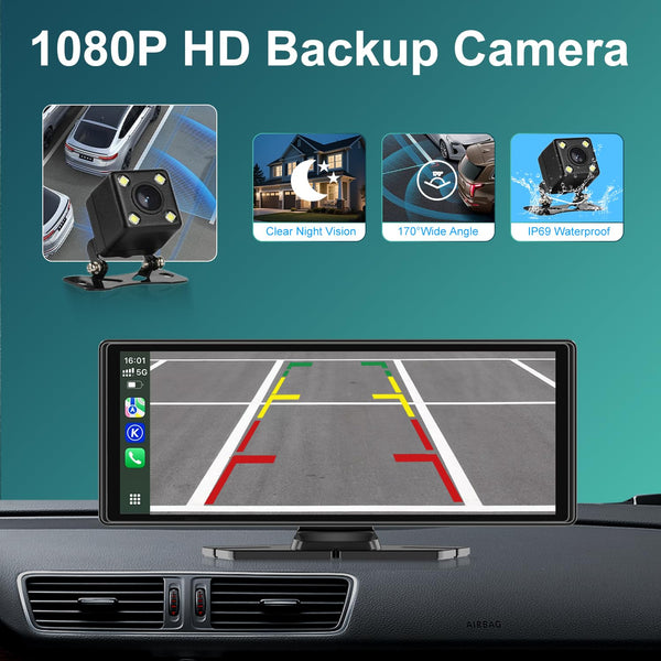 10.26" Wireless Car Stereo for Apple Carplay & Android Auto with 1080P Backup Camera, Touchscreen Car Play Screen with GPS Navigation & Voice Control, Mirror Link,Dual Bluetooth,FM Transmission,AUX