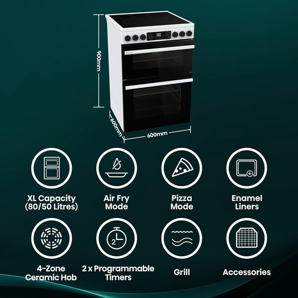Hisense HDUKC60W 60cm Electric Cooker with Ceramic Hob-White, A Rated Double Oven 50L/80L [Energy Class A]